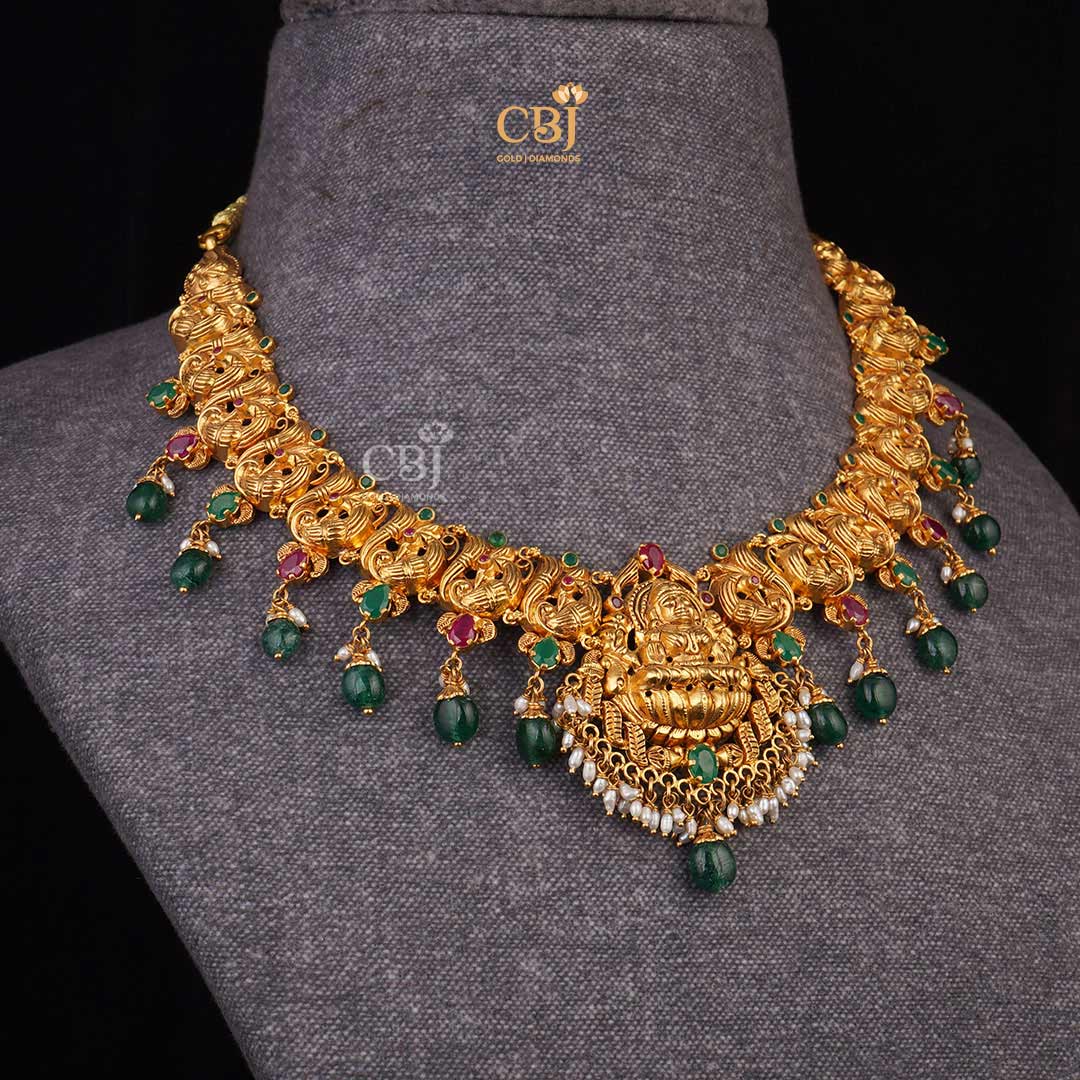 Sacred Charm: Temple Design Short Nakashi Necklace with Dazzling Emerald Stones and Delicate Micro-Pearls