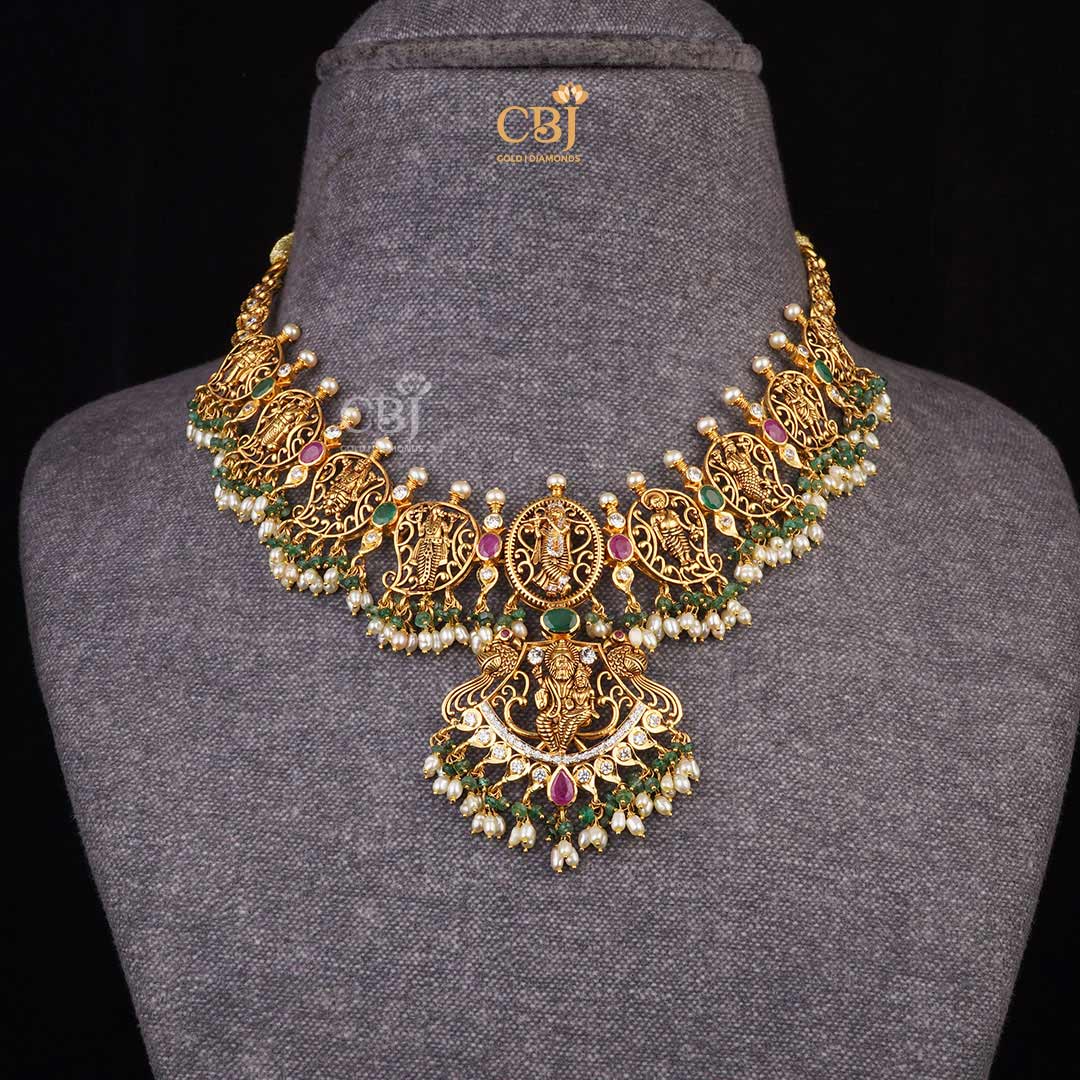 Divine Symbolism: Short Light Weight Dasavataram Necklace with Emerald and Pearls