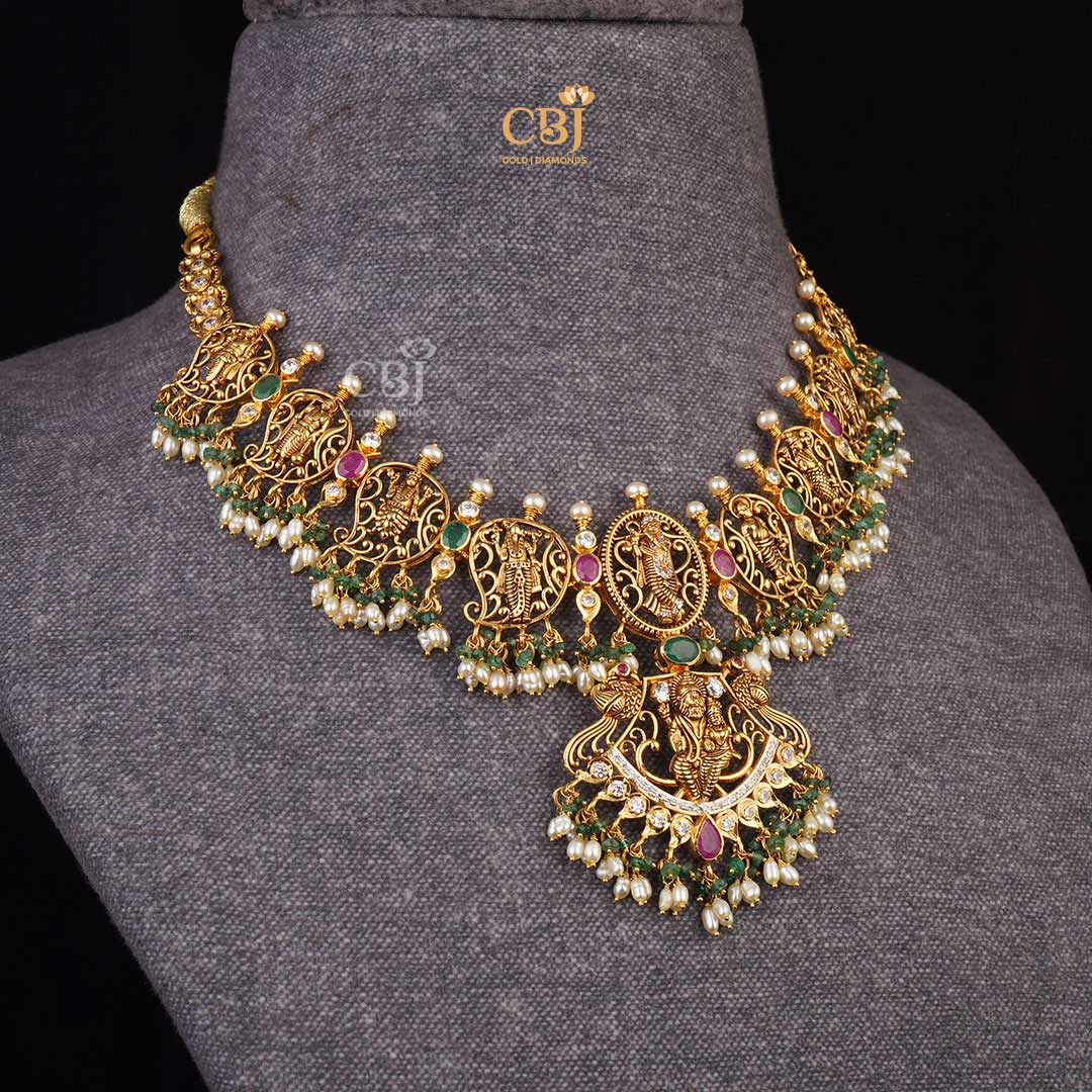 Divine Symbolism: Short Light Weight Dasavataram Necklace with Emerald and Pearls