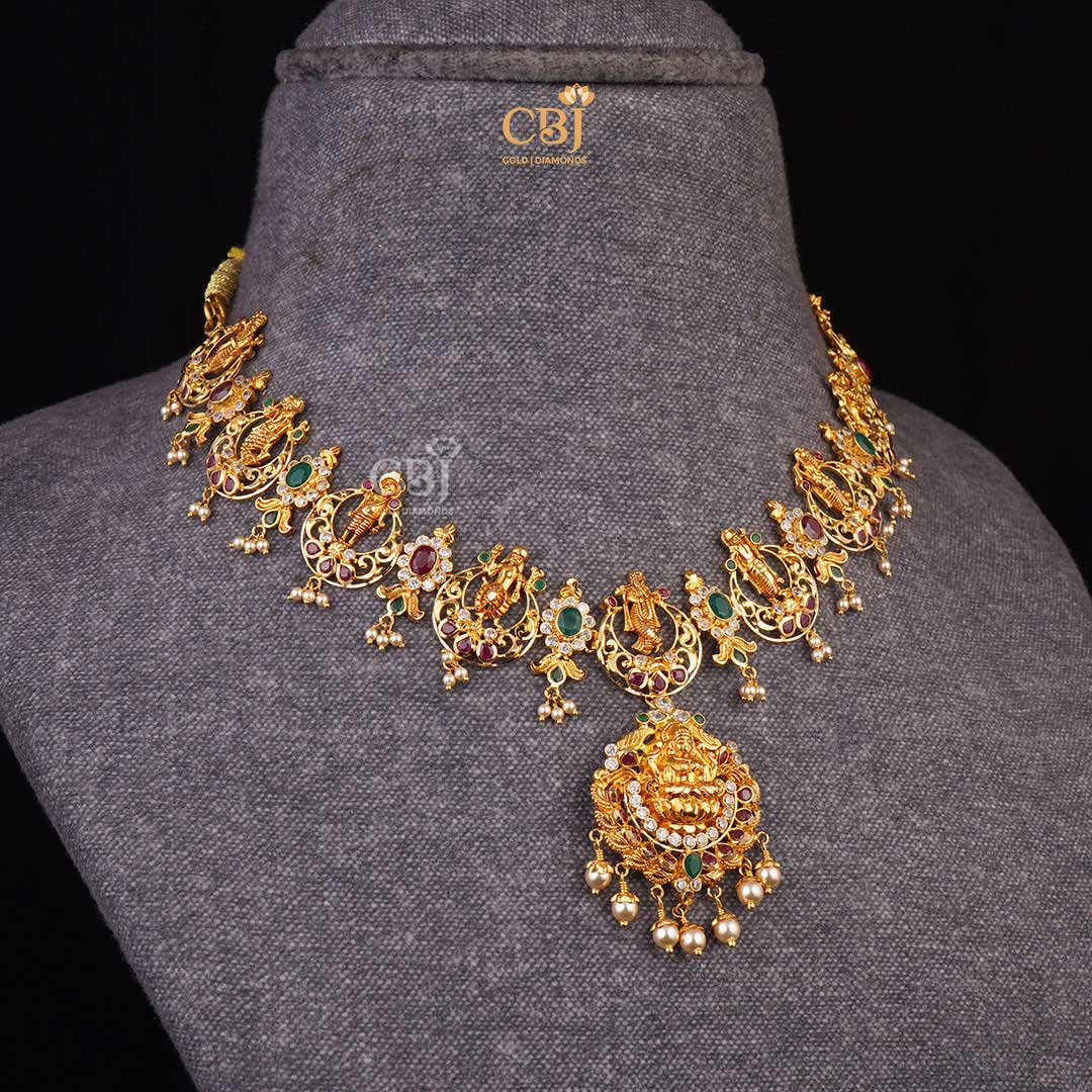 Divine Essence: Short Light Weight Dasavataram Necklace with Emerald and Pearls