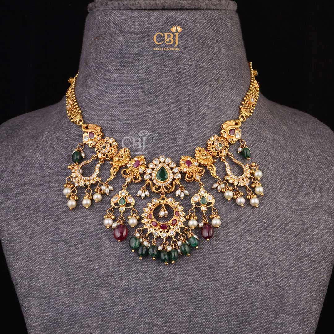 Radiate Glamour: Short Light Weight Necklace with CZs, Pearls, Rubies, and Emerald Stones