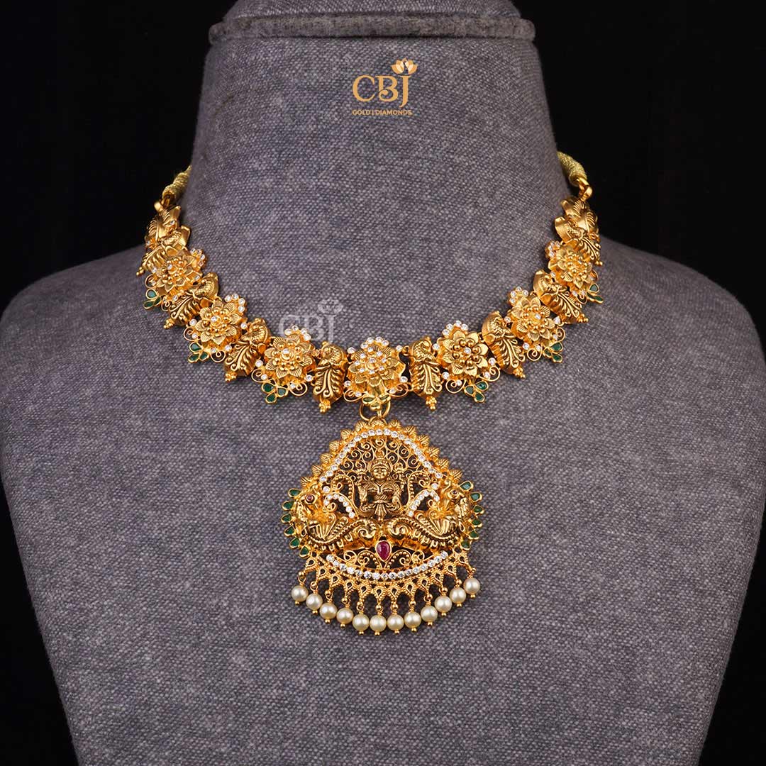Goddess Inspired: Short Light Weight Necklace featuring CZs, Pearls, Emeralds, and Lakshmi Centerpiece