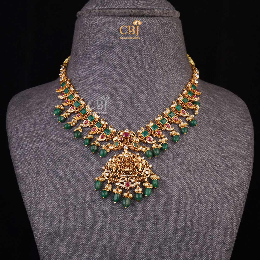 Graceful Affinity: Short Light Weight Lakshmi Necklace with Rubies and Emeralds
