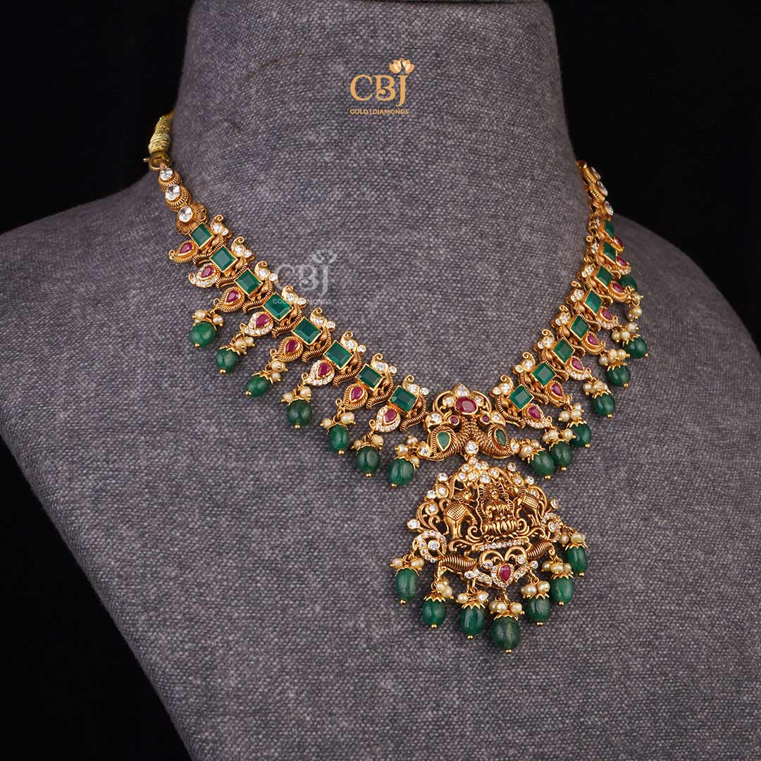 Graceful Affinity: Short Light Weight Lakshmi Necklace with Rubies and Emeralds