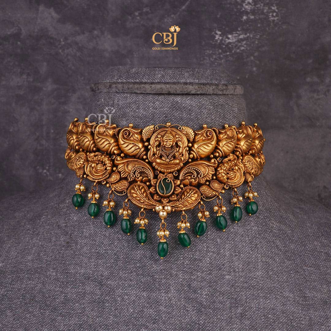 Embrace Divine Elegance: Antique Lakshmi Choker with Emerald Stones