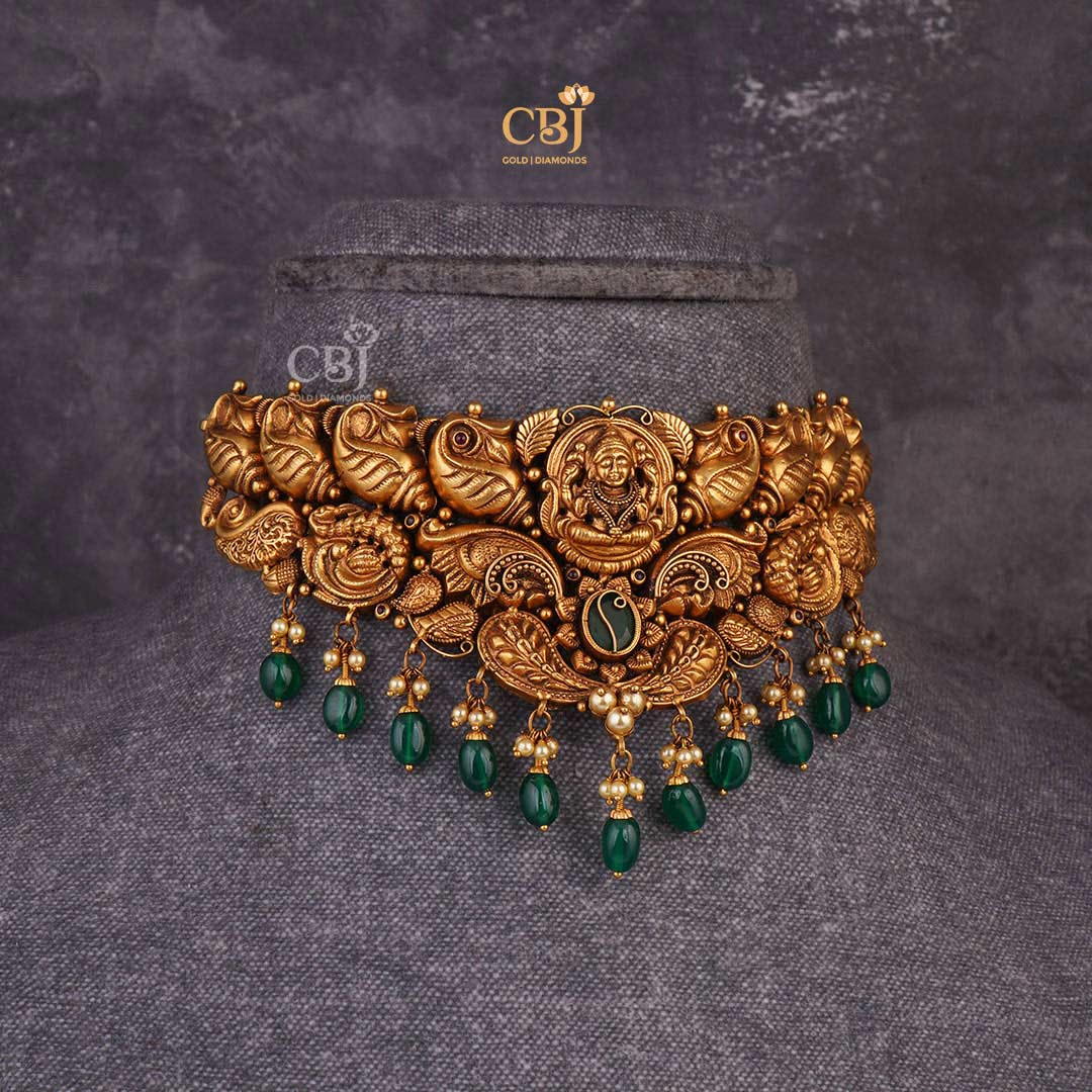 Embrace Divine Elegance: Antique Lakshmi Choker with Emerald Stones