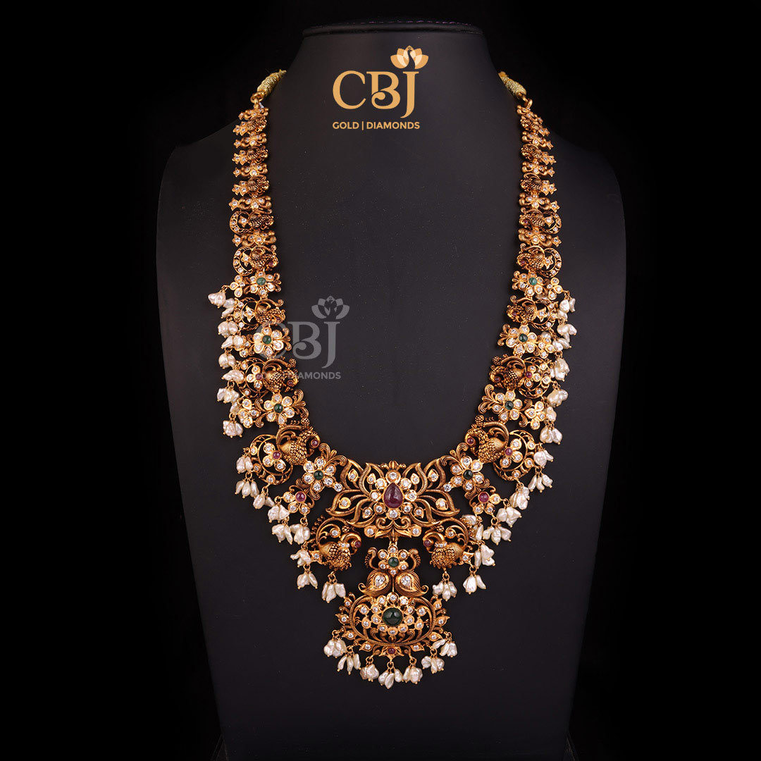 An enchanting CZ Pachi long haram featuring a slender design with floral patterns.