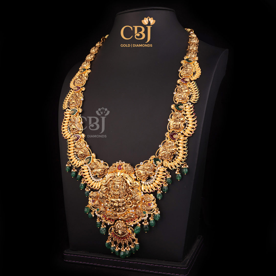 A distinguishable Lakshmi long haram with a nail design.