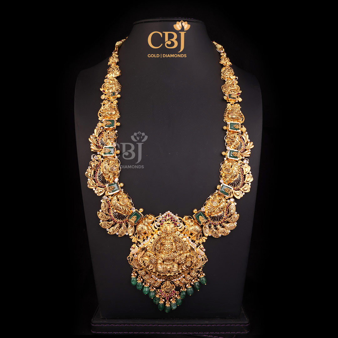 A CZ pachi Lakshmi long haram featuring an enriching design.