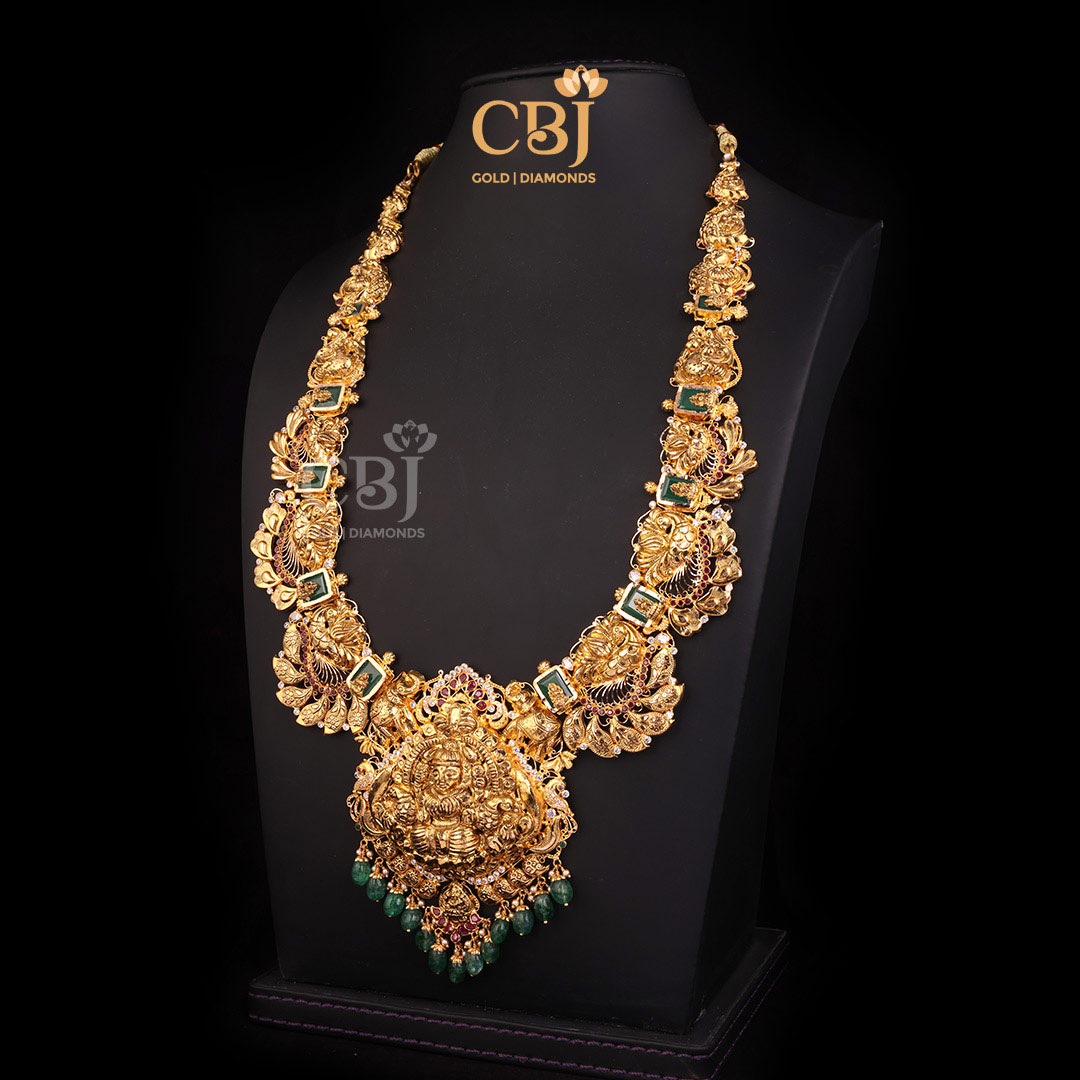 A CZ pachi Lakshmi long haram featuring an enriching design.