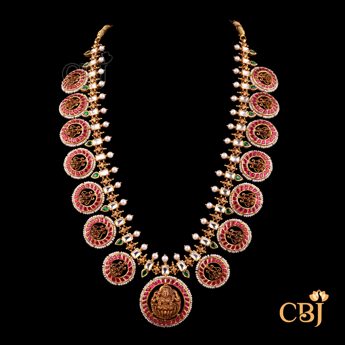 22K gold Kundan Bottumala Grandeur with uncut gemstones and coin motifs, heavy regal design, 76.06g