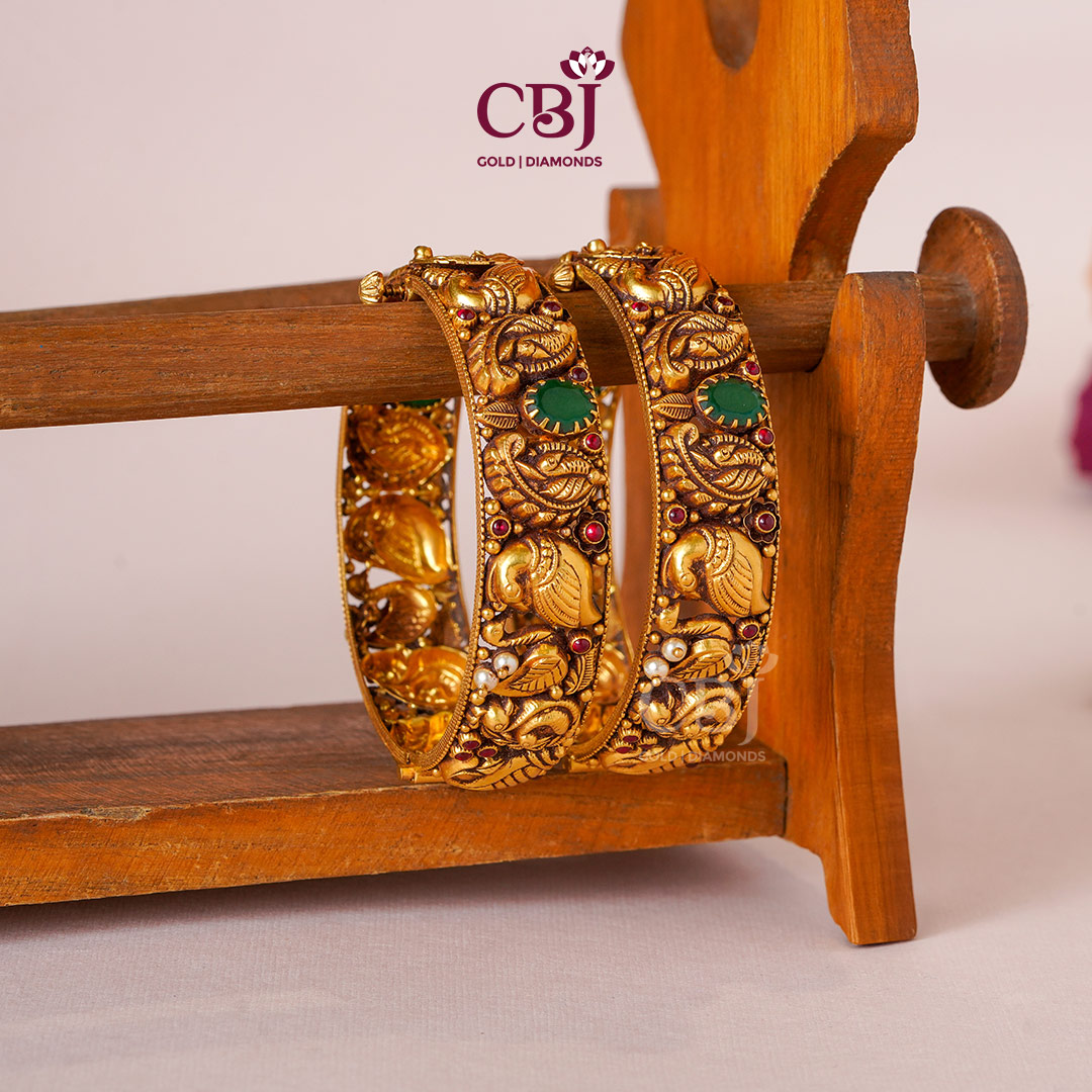 22K gold Antique Gold Heirloom Bangles 30 with elaborate hand-carved temple handwork