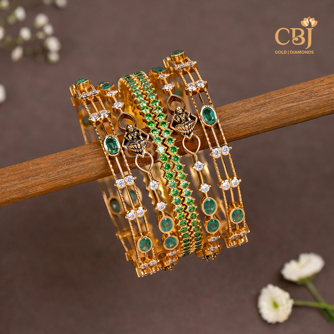 22K gold CZ Pachi Emerald Bangles 31 with emerald-hued cubic zirconia pachi settings, 48.39g
