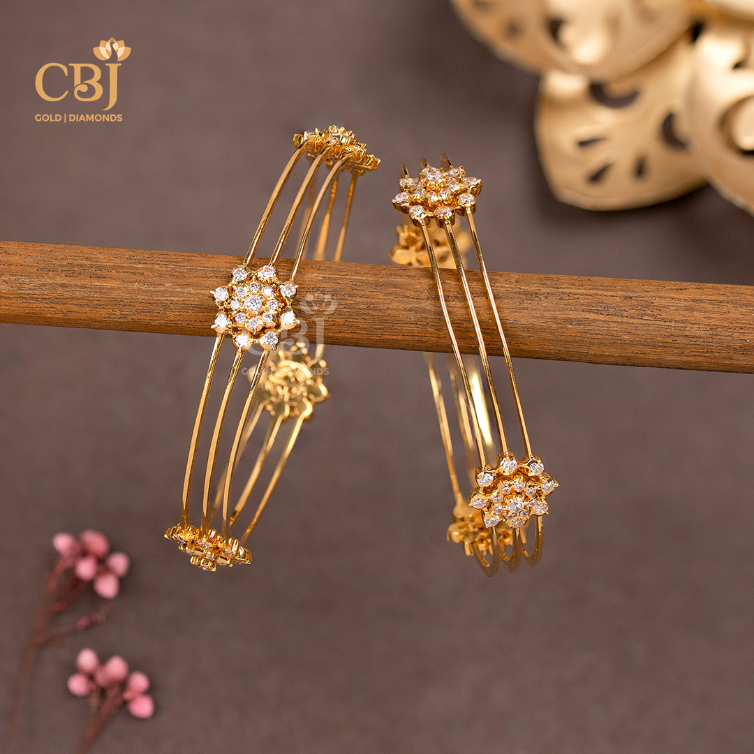 22K gold CZ Radiance Bangles 33 with cubic zirconia settings, temple design, luxury, 52.1g