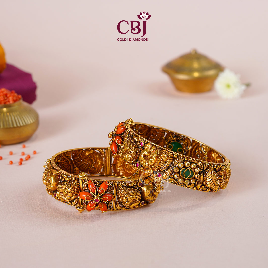 22K gold Antique Gold Statement Bangles 35 with elaborate hand-carved temple handwork