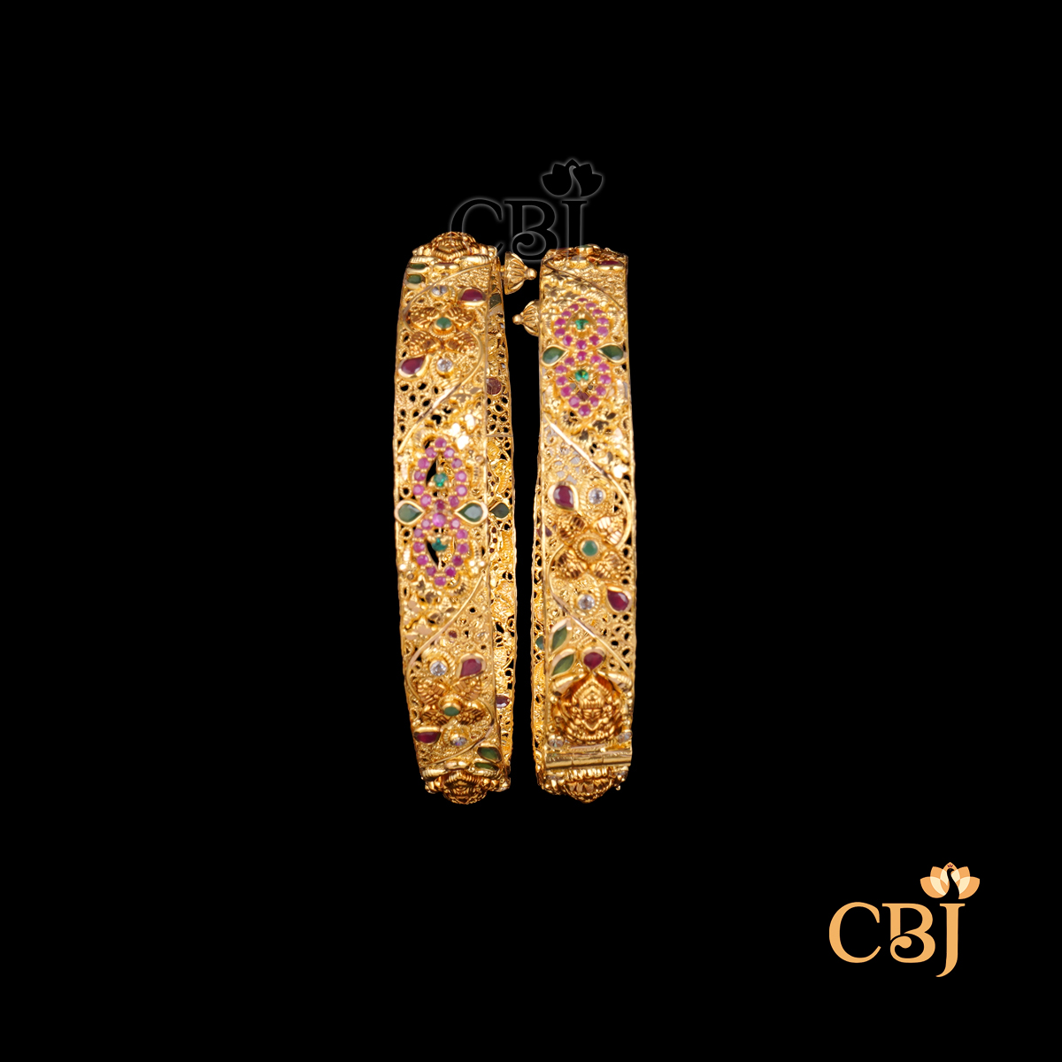 22K gold Light Weight Feather Bangles 1 with temple handwork