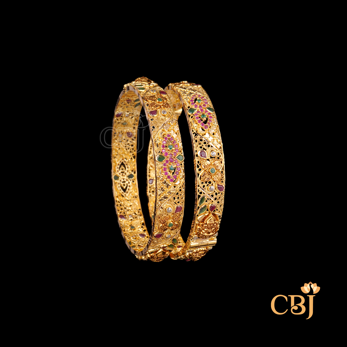 22K gold Light Weight Feather Bangles 1 with temple handwork