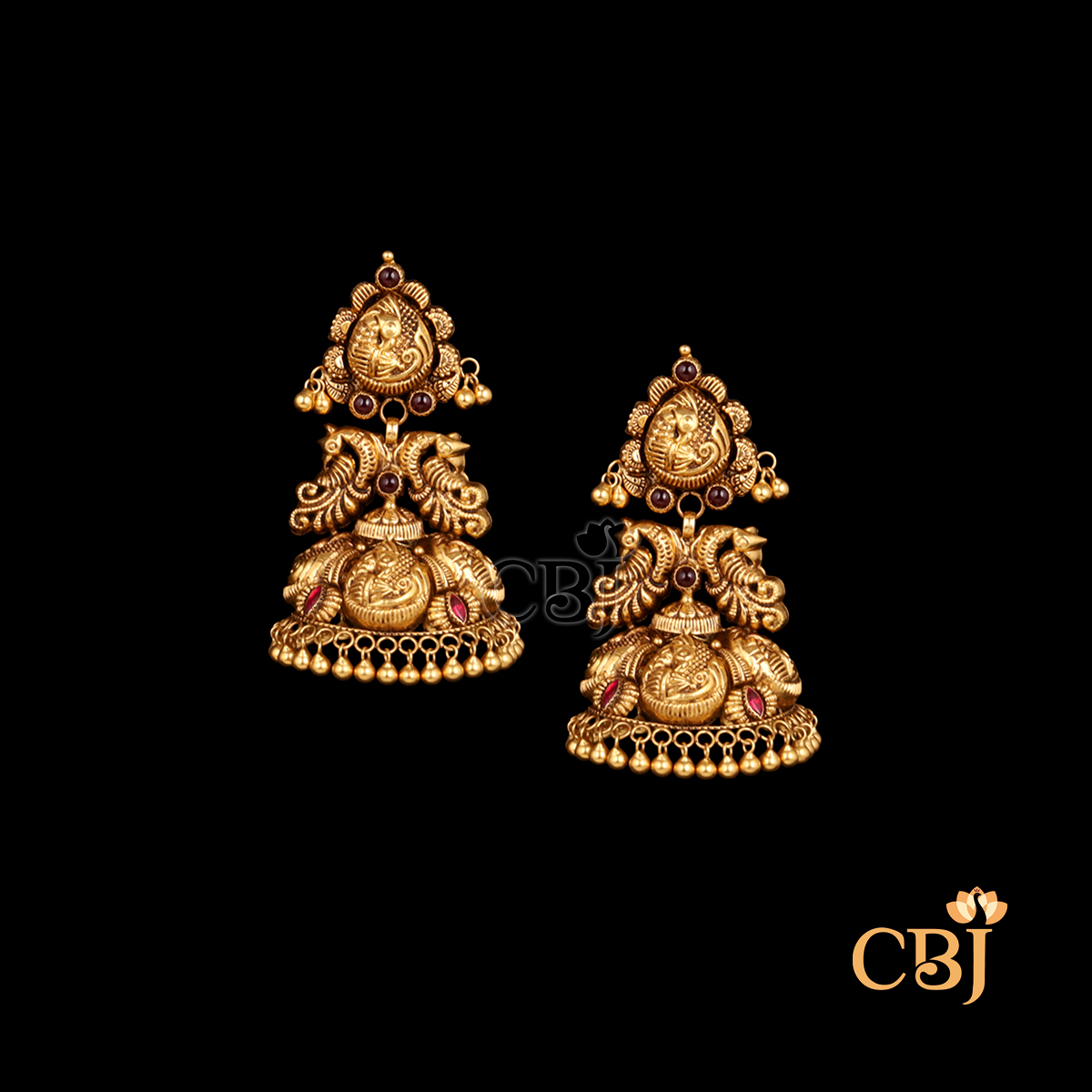 22K gold Nakshi Elegance antique jhumkas 5 with refined temple detailing, lightweight design, 13.77g
