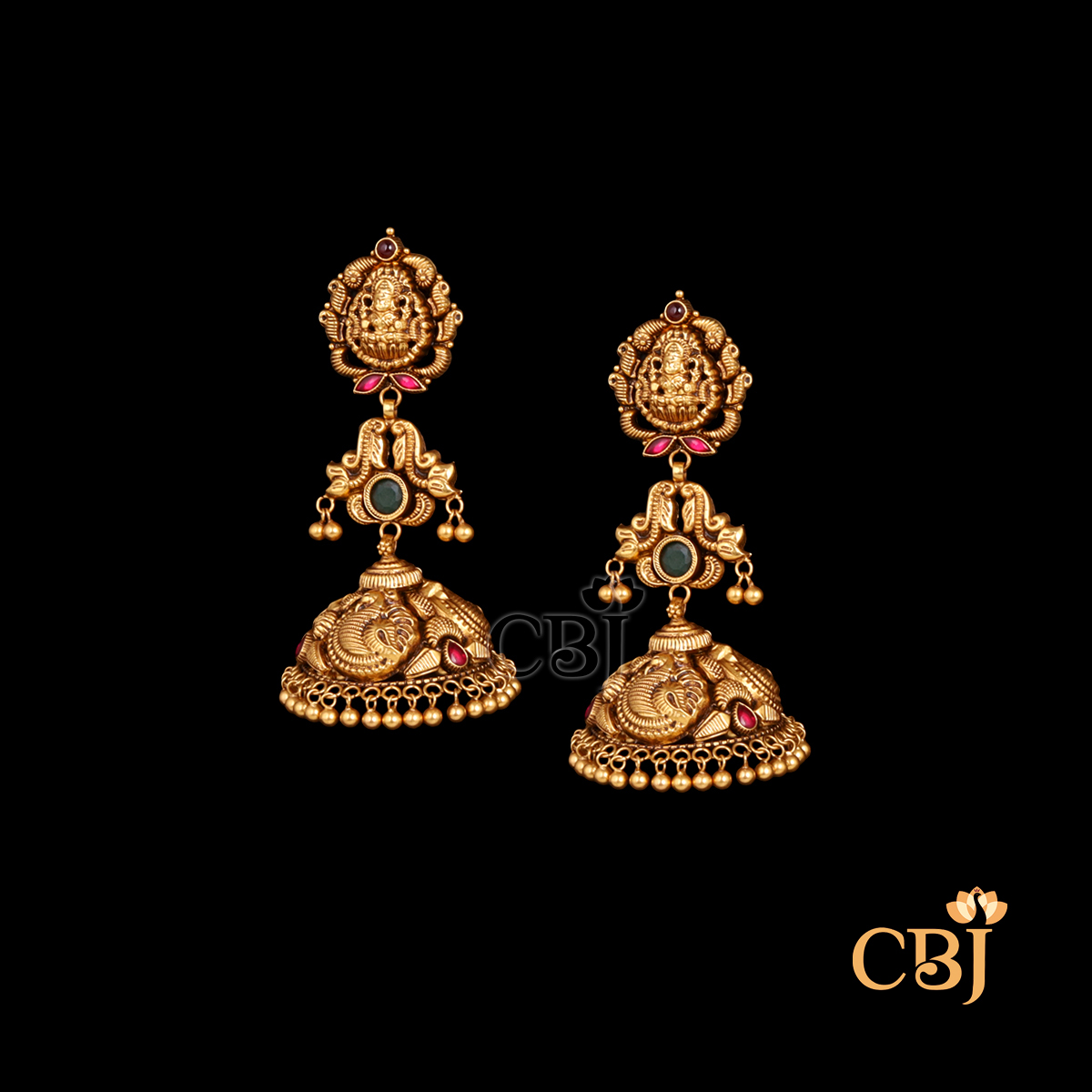 22K gold Nakshi Royal antique jhumkas 7 with ornate temple patterns and dome design