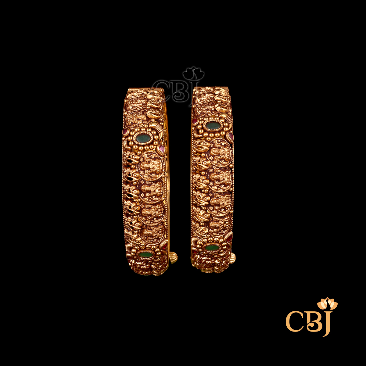 22K gold Antique Gold Bangles 2 with temple handwork, antique finish, elegant, 36.29g