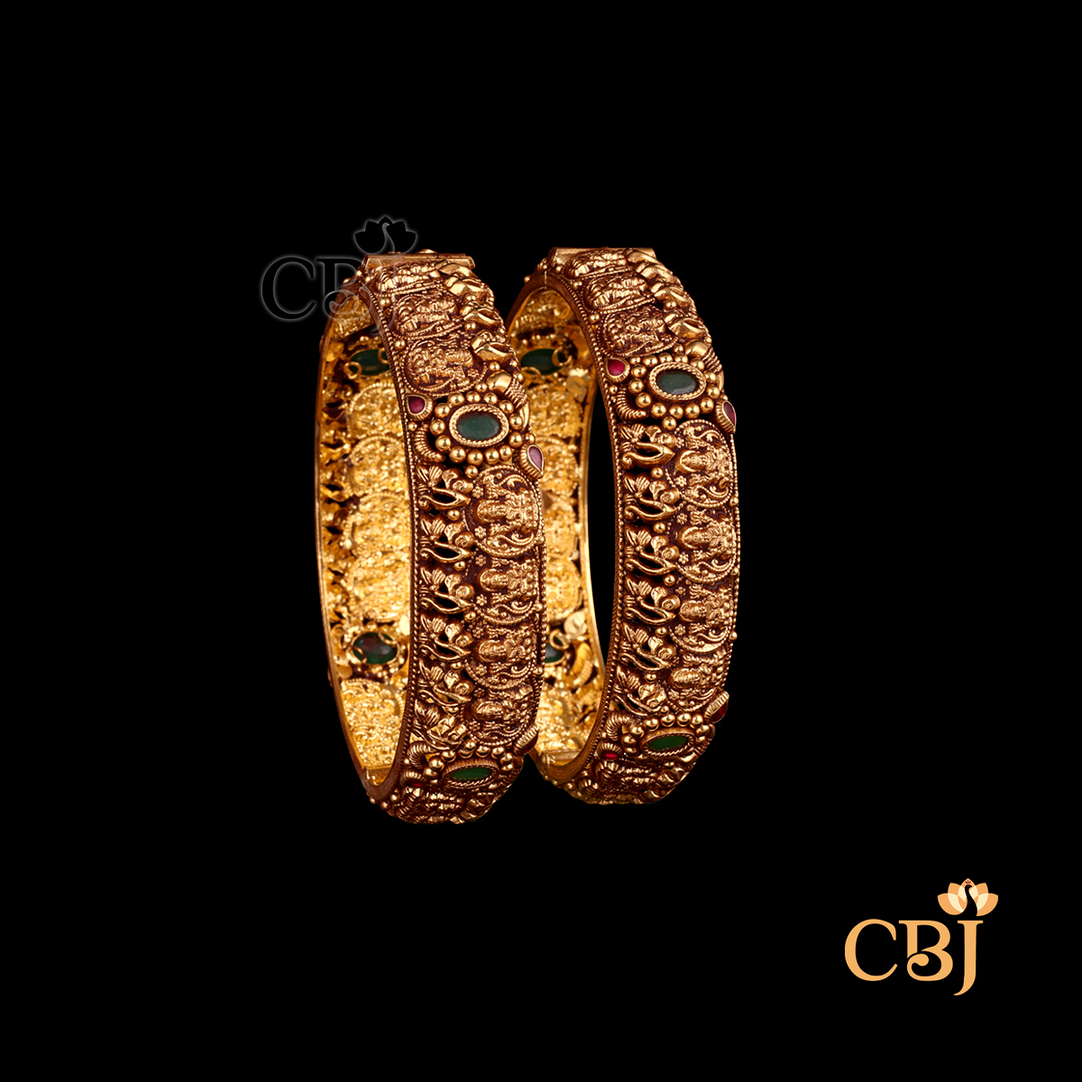 22K gold Antique Gold Bangles 2 with temple handwork