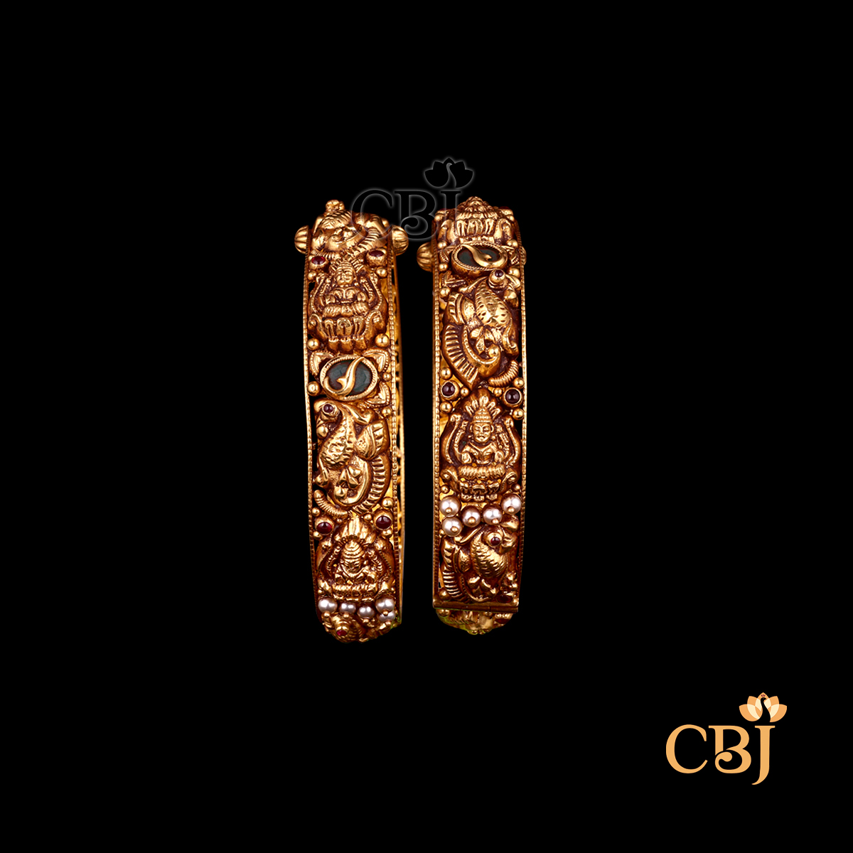 22K gold Nakshi Timeless Bangles 2 with intricate temple handwork, antique finish, 38.53g