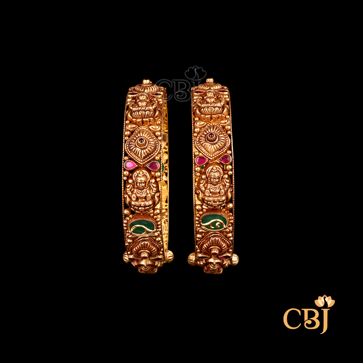 22K gold Nakshi Majestic Bangles 3 with elaborate temple handwork, antique finish, regal, 39.2g