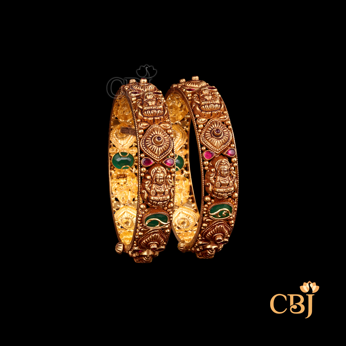 22K gold Nakshi Majestic Bangles 3 with elaborate temple handwork