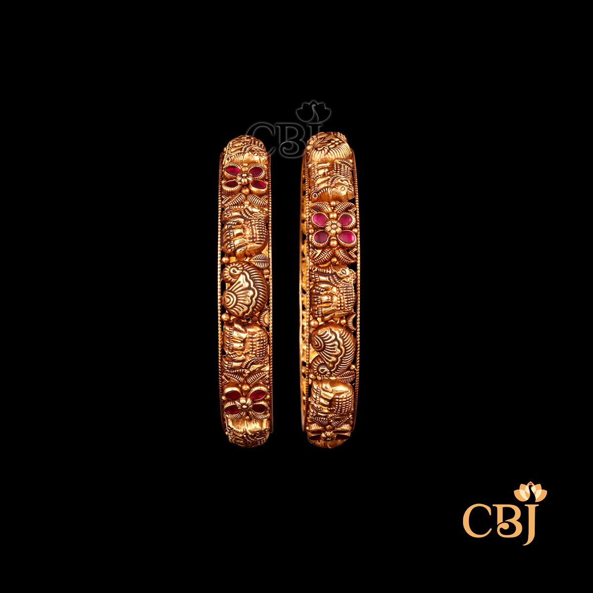 22K gold Nakshi Charm Bangles 5 with temple handwork, antique finish, beautiful, 24.38g