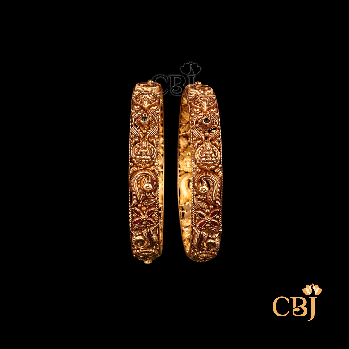 22K gold Nakshi Delicate Bangles 7 with temple handwork, lightweight antique finish, 23.05g