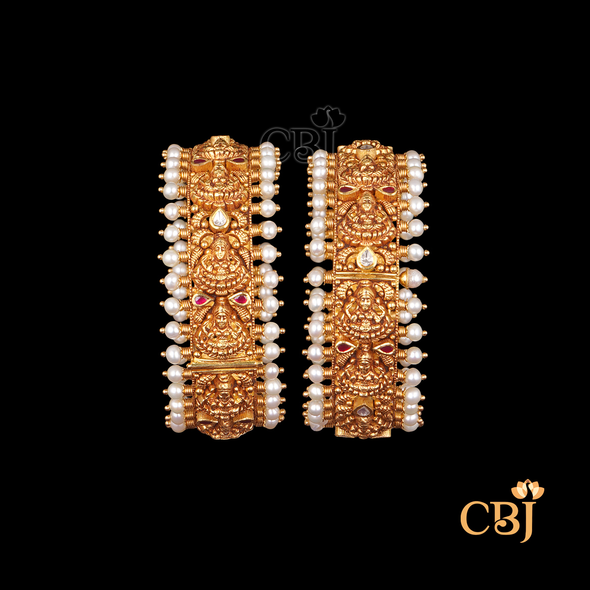 22K gold Kundan Ruby Emerald Broad Bangles 001 with ruby emerald gemstone settings, 62.65g