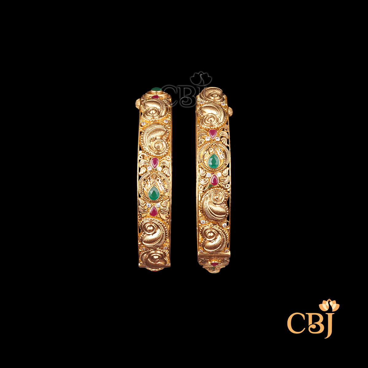 22K gold Nakshi Splendid Bangles 9 with ornate temple handwork, antique finish, elegant, 37.83g