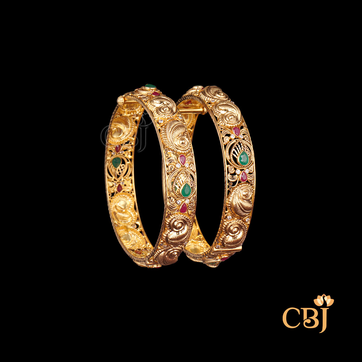22K gold Nakshi Splendid Bangles 9 with ornate temple handwork