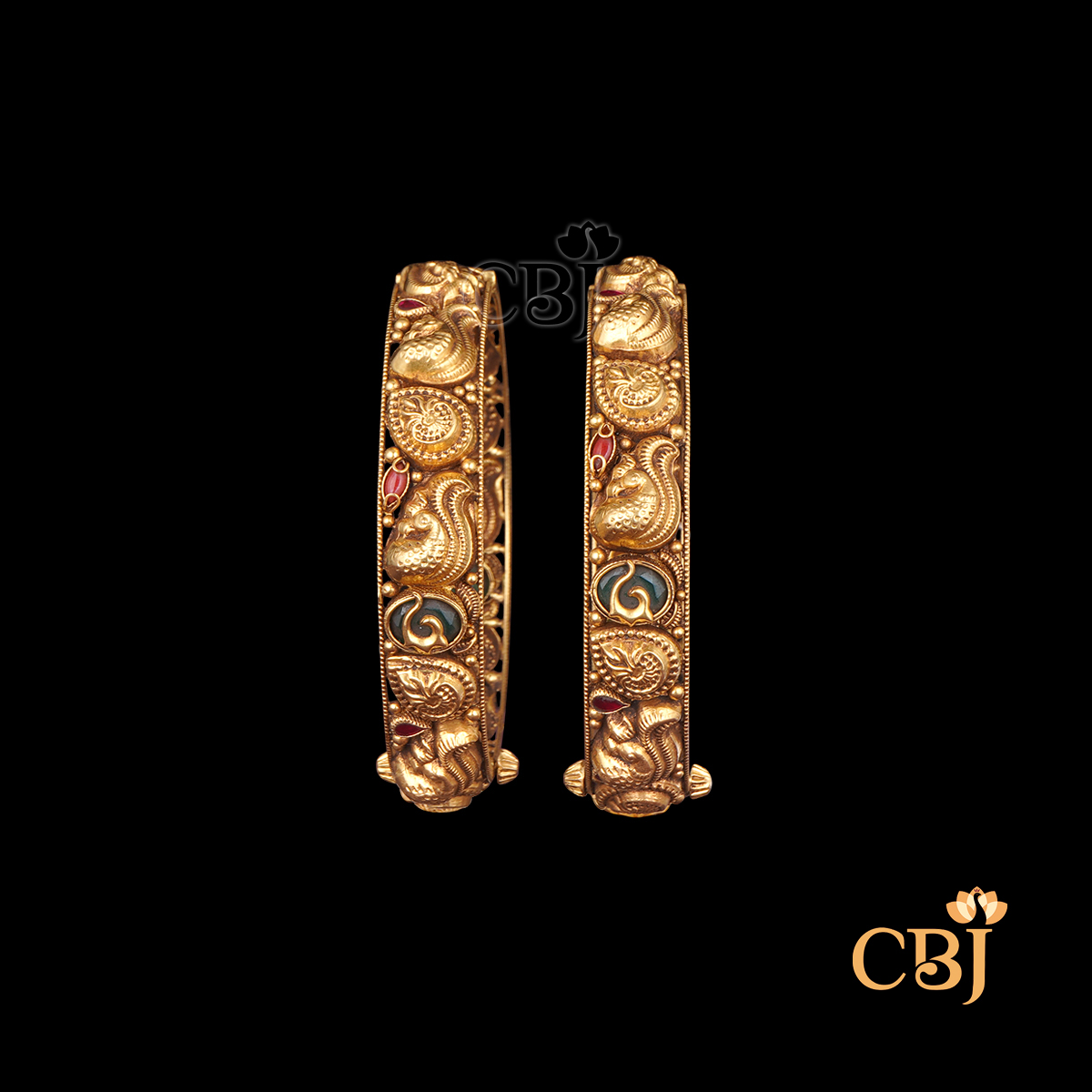 22K gold Nakshi Royal Bangles 10 with intricate temple handwork, antique finish, regal, 37.41g