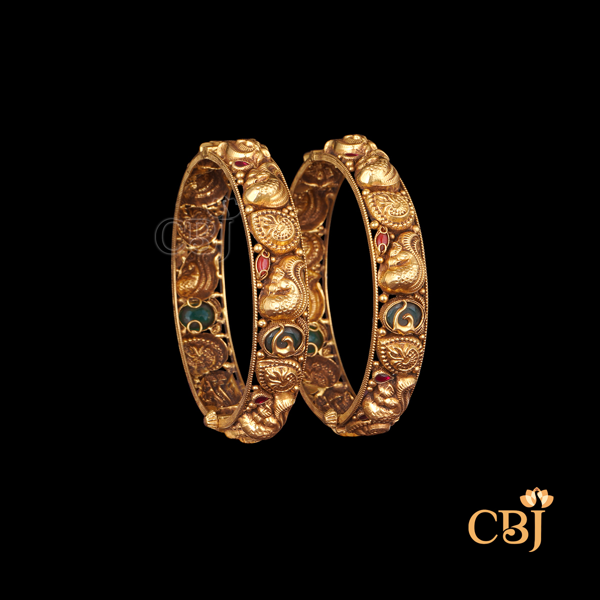 22K gold Nakshi Royal Bangles 10 with intricate temple handwork