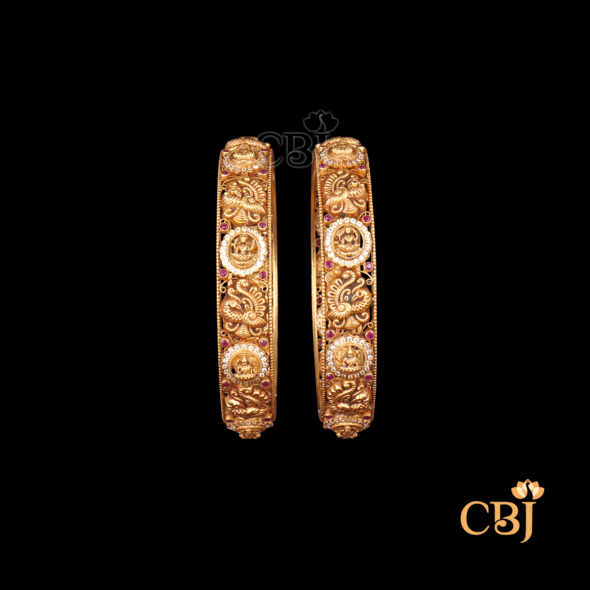 22K gold Nakshi Sparkle CZ Pachi Bangles 12 with cubic zirconia settings, temple handwork, 41.49g
