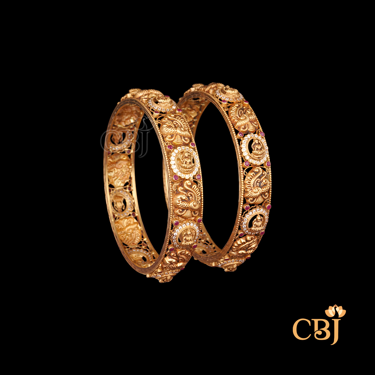22K gold Nakshi Sparkle CZ Pachi Bangles 12 with cubic zirconia settings
