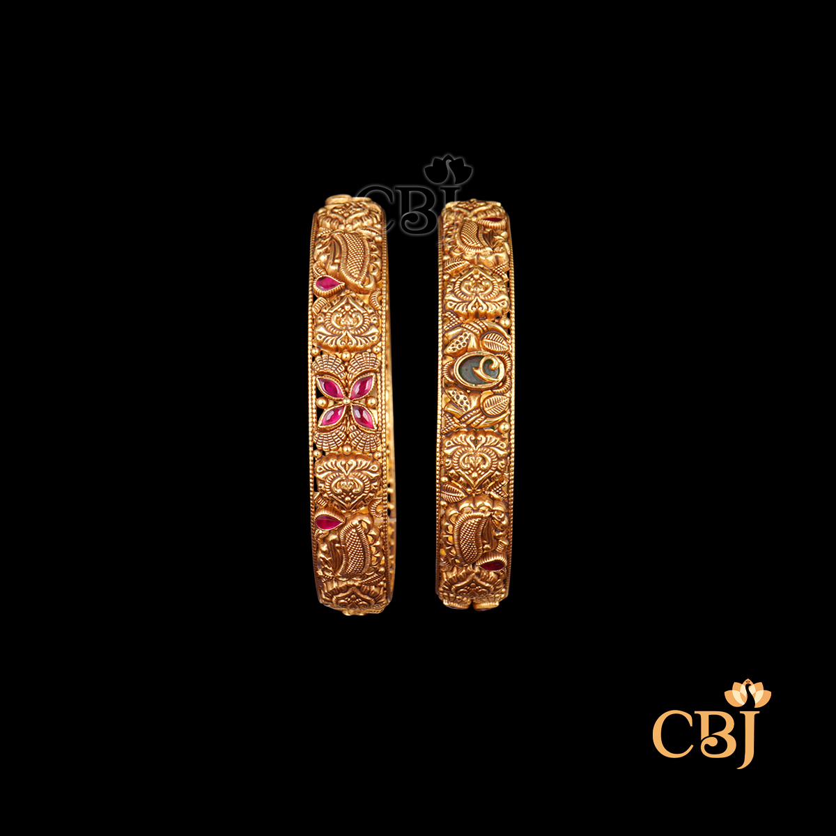 22K gold Nakshi Heritage Bangles 13 with temple handwork, antique finish, lightweight, 24.56g