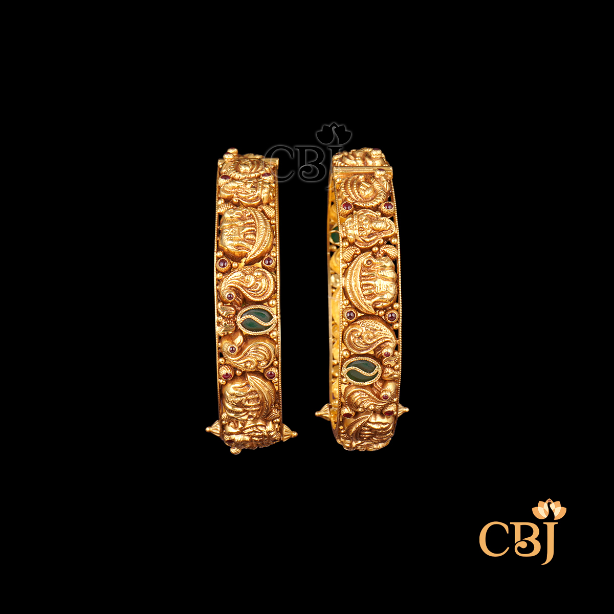 22K gold Nakshi Artisan Bangles 14 with intricate temple handwork, antique finish, 40.65g