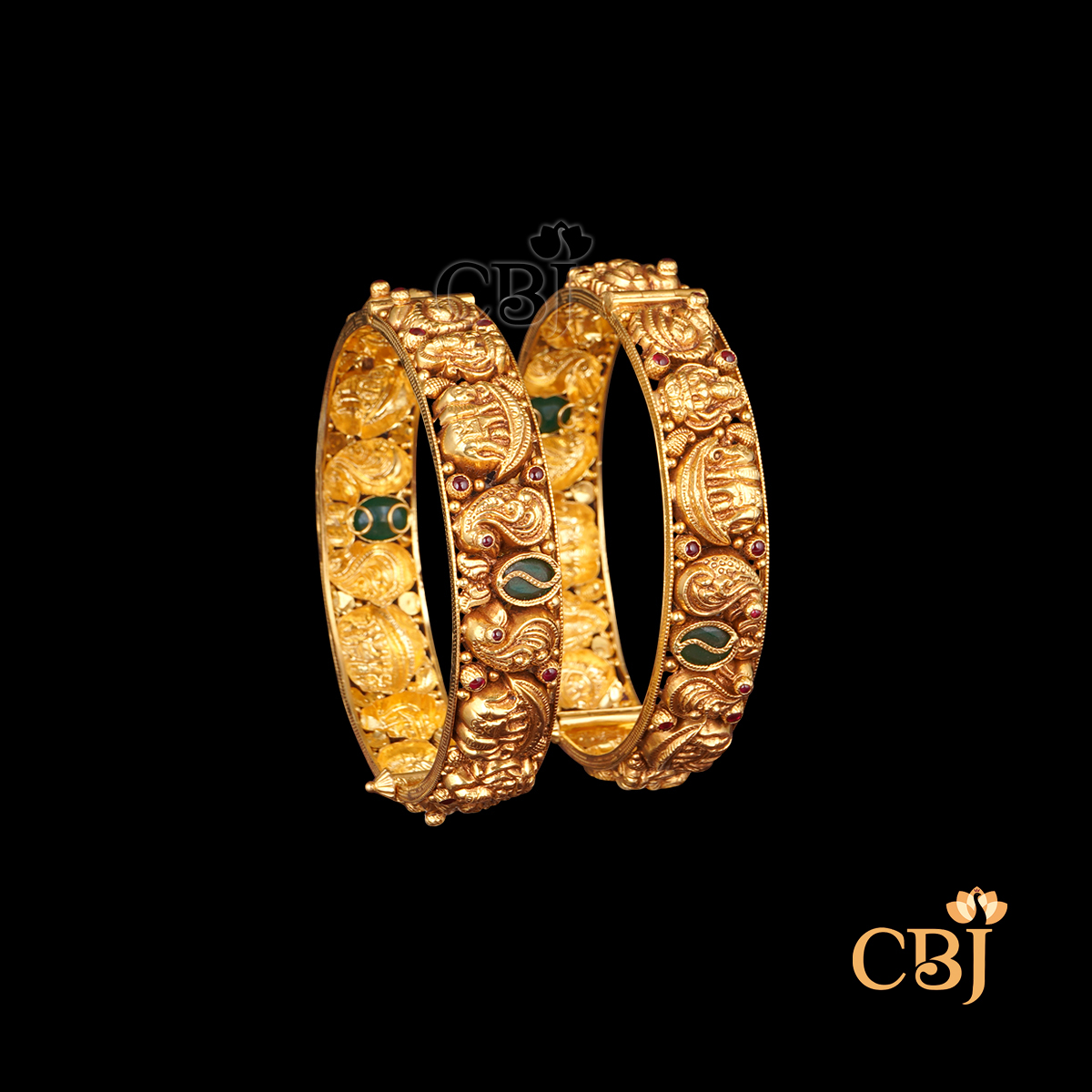 22K gold Nakshi Artisan Bangles 14 with intricate temple handwork