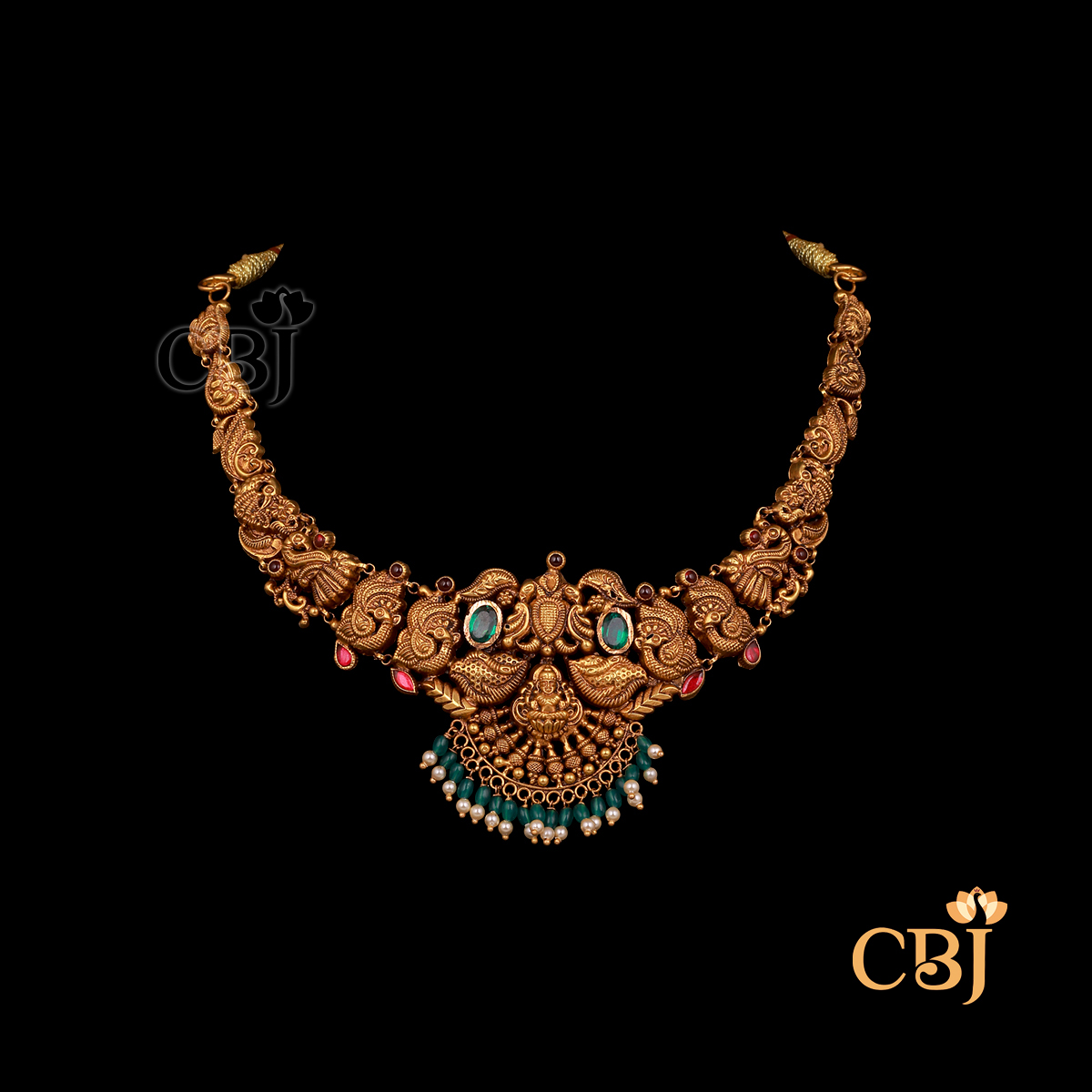 Short-length 12 grams Nakshi gold necklace with antique finish, showing detailed craftsmanship, compact structure, and traditional design patterns.