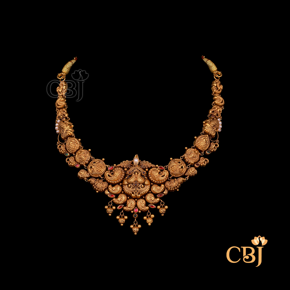 12 grams antique lightweight Nakshi gold necklace featuring sculpted motifs, textured antique finish, and a neatly structured neckline design.