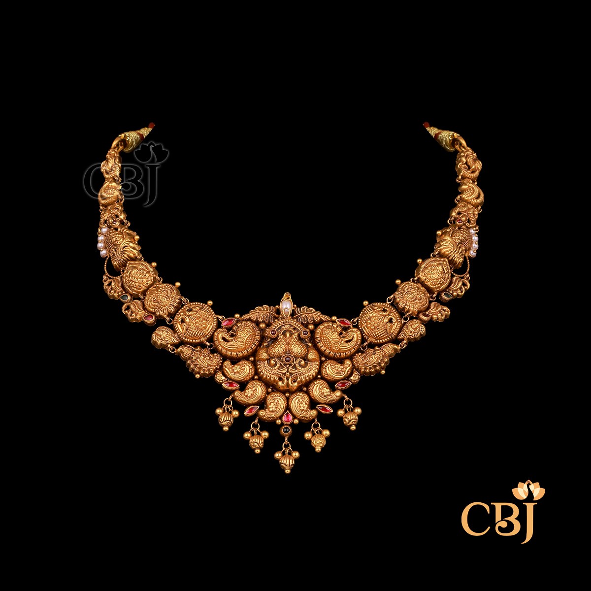 12 grams antique lightweight Nakshi short Necklace shown as a compact gold necklace with detailed Nakshi carvings, antique texture, and a close neckline fit.