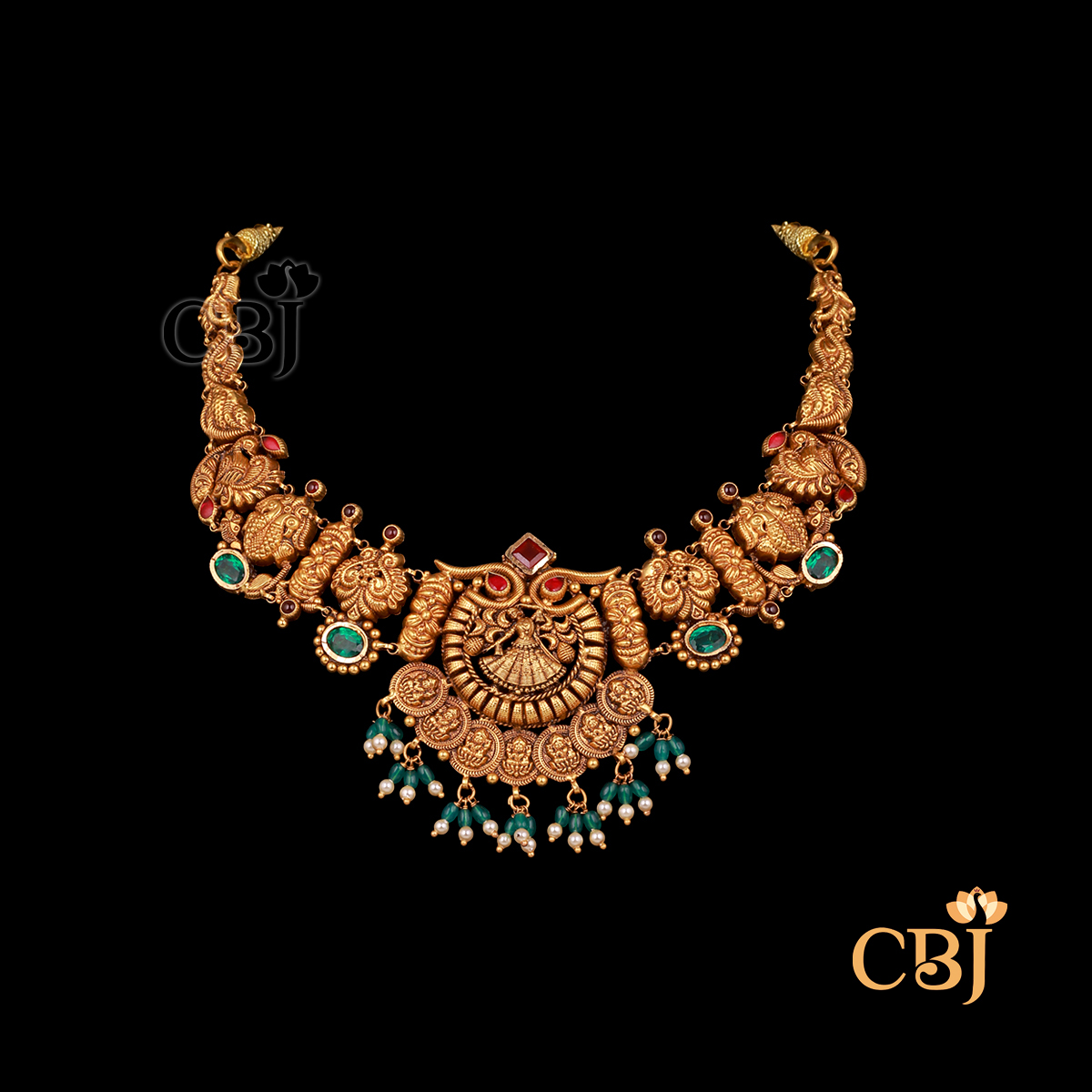 19 grams antique lightweight short Nakshi Necklace displayed as a gold necklace with intricate Nakshi carvings, antique finish, and a close neckline style.