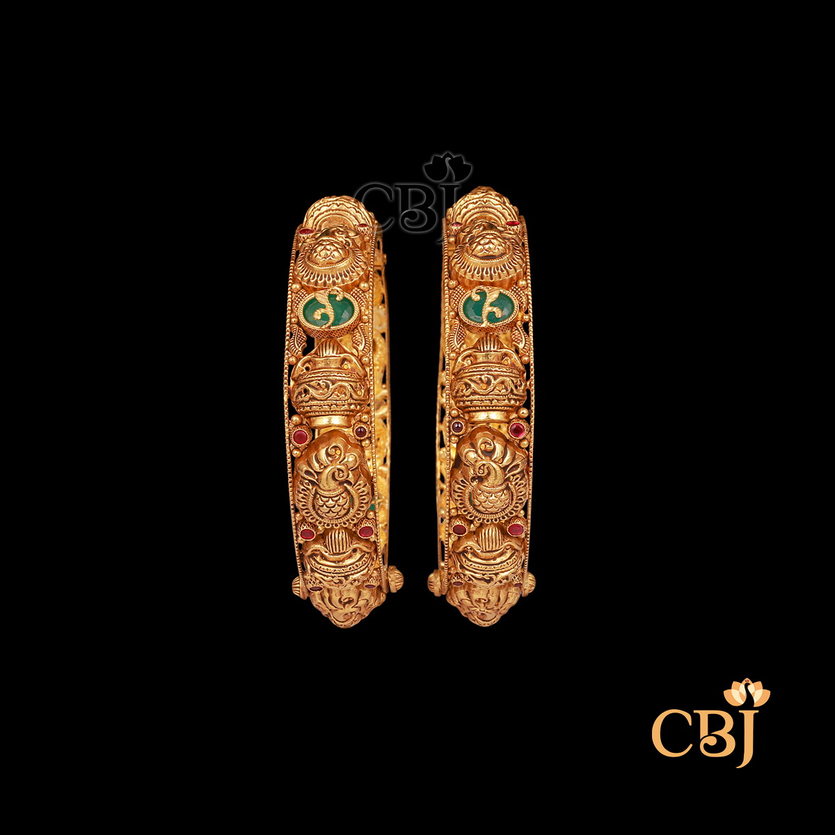 37 grams antique gold bangles pair with textured traditional design and classic antique finish.