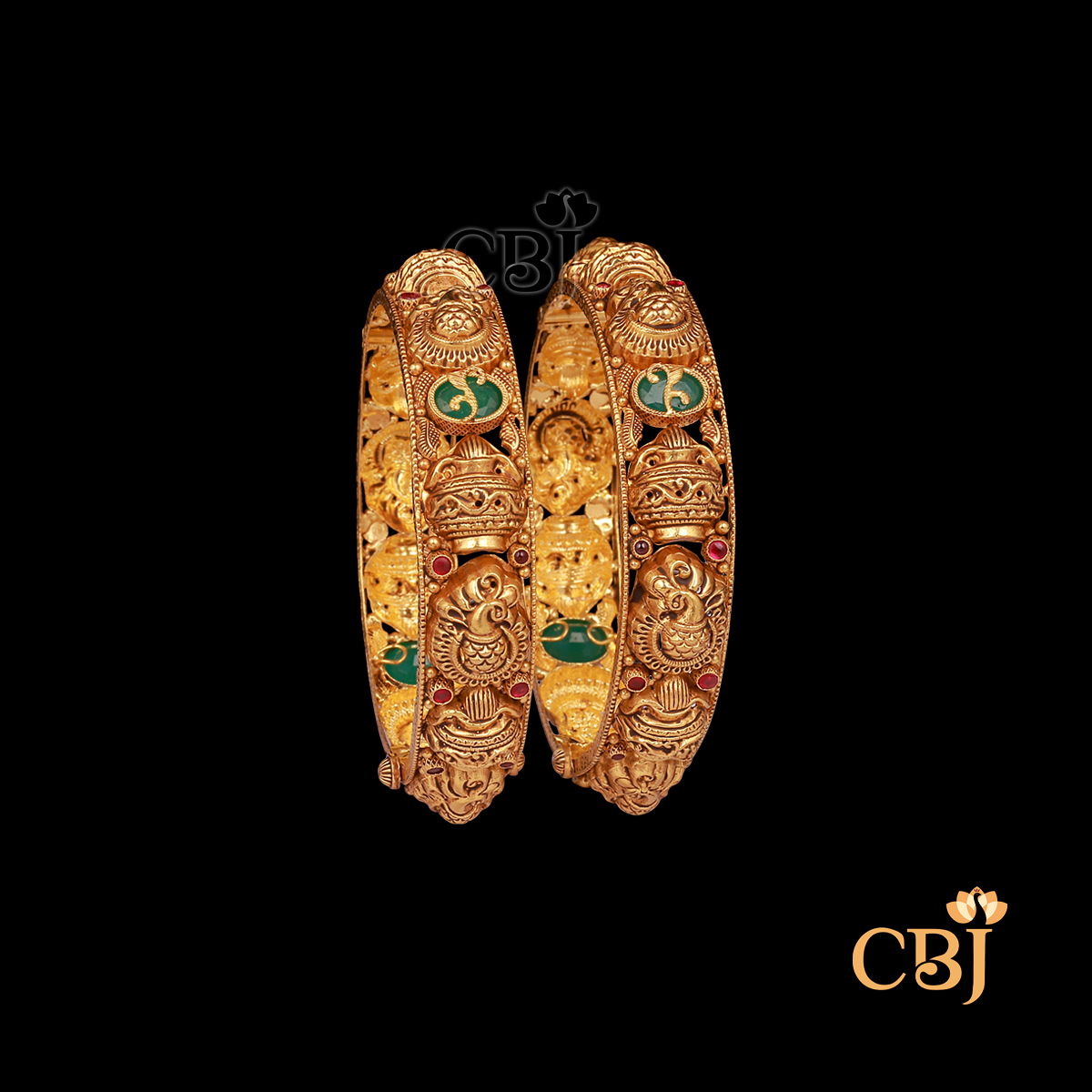 37 grams antique gold bangles pair with textured traditional design and classic antique finish.