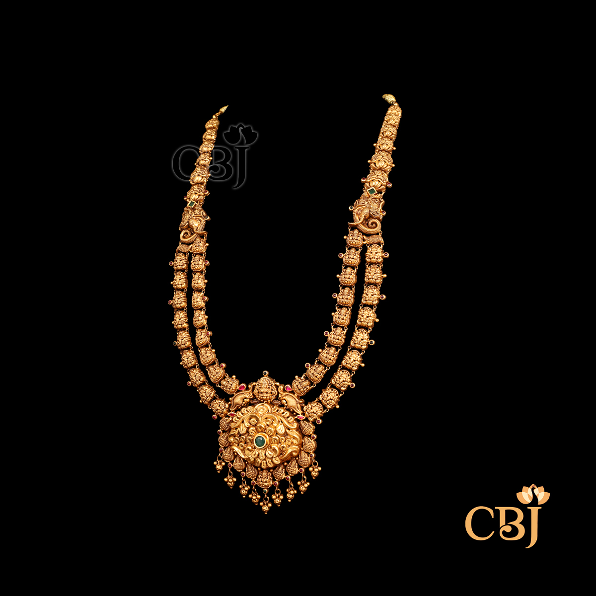 Side view of CBJ's 49 grams of Antique lightweight Nakshi long Haram Necklace with Ruby potas and onxy