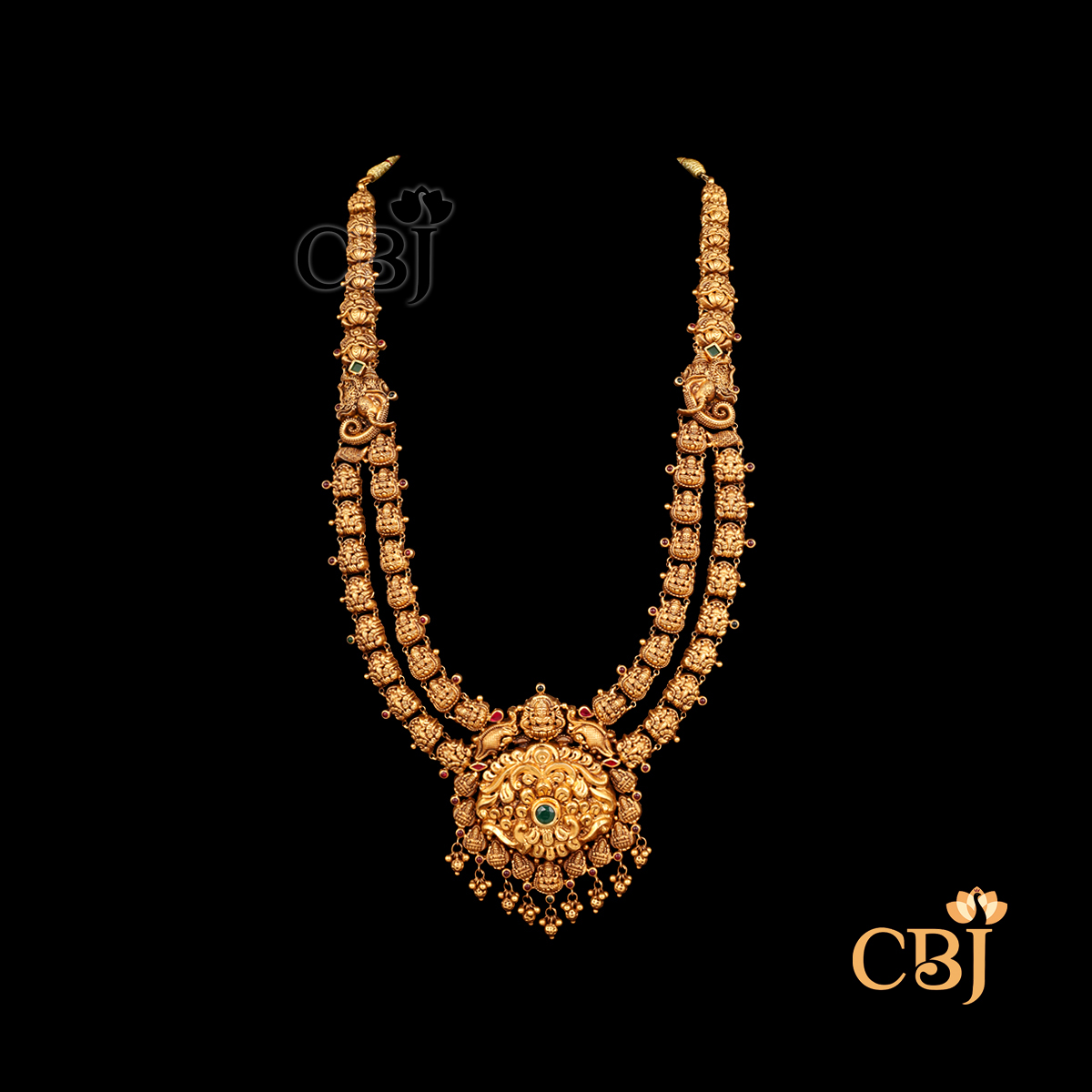 Front view of CBJ's 49 grams of Antique lightweight Nakshi long Haram Necklace with Ruby potas and onxy