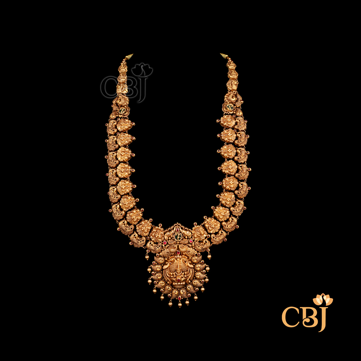 Front view of CBJ's 46 grams of Antique lightweight Nakshi long Haram Necklace with onxy and rubi potas 