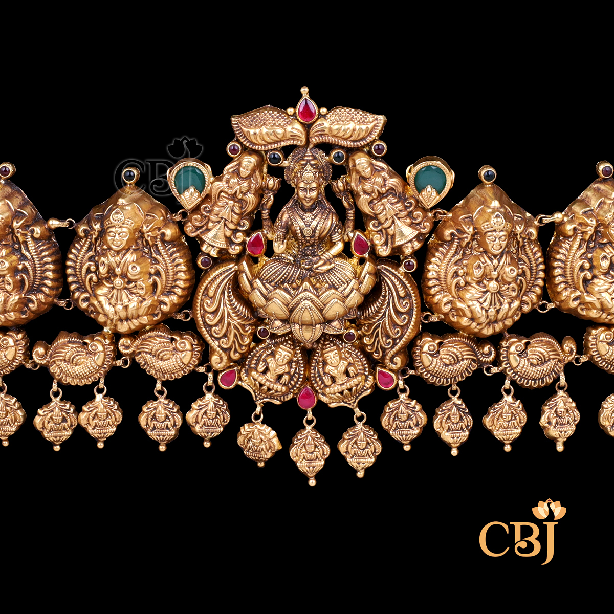 Close up view of Front View of CBJ's Lightweight nakshi antique vaddanam featuring lakshmi motifs